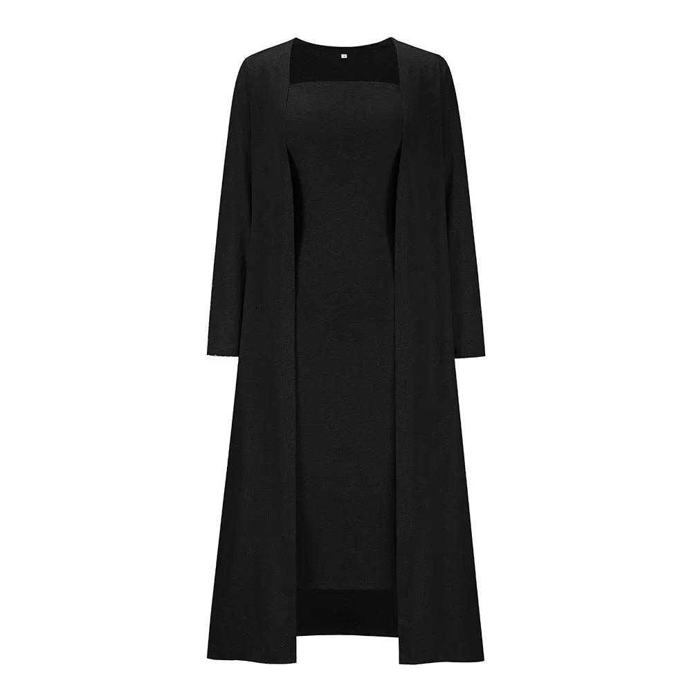 Casual Knit Cardigan & Tube Dress Long-Sleeved Solid Color Wholesale Womens 2 Piece Sets