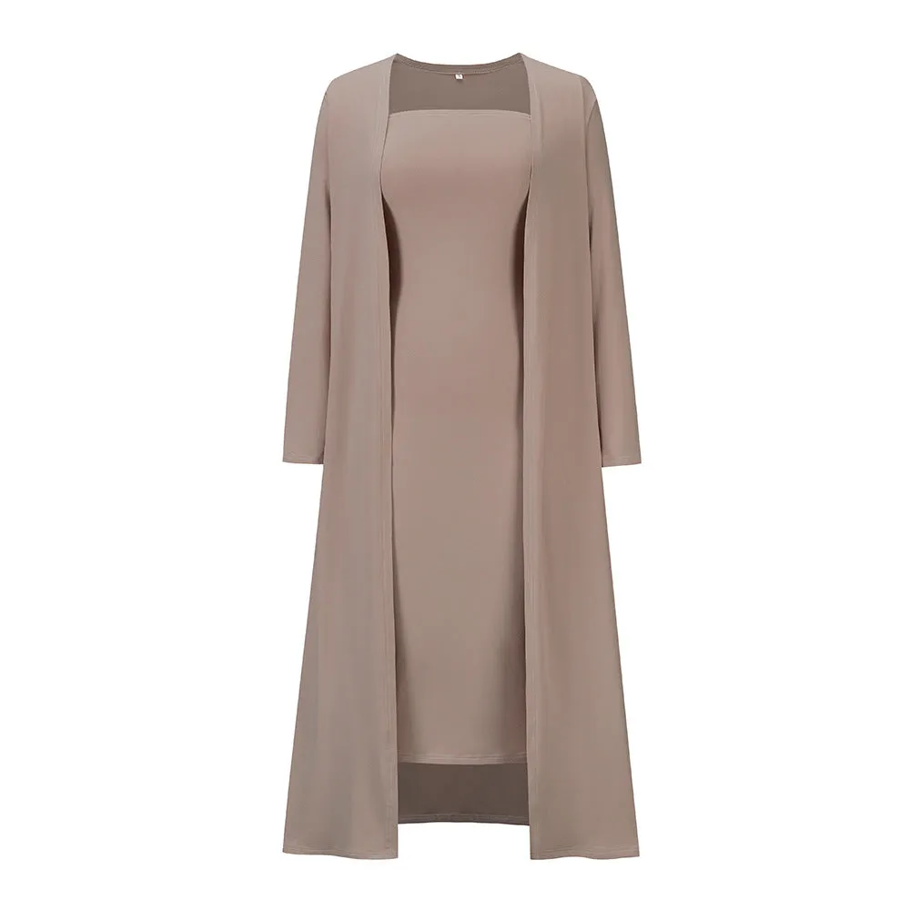 Casual Knit Cardigan & Tube Dress Long-Sleeved Solid Color Wholesale Womens 2 Piece Sets