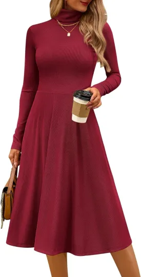 CFLONGE Women's Casual Ribbed Knit High Neck Dress Long Sleeve Fall Dress for Women 2025 Lightweight A Line Flare Dresses