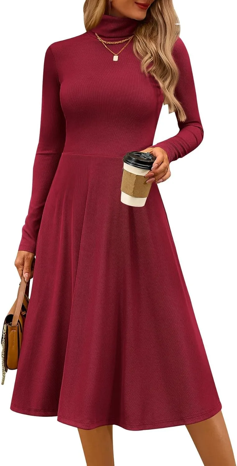 CFLONGE Women's Casual Ribbed Knit High Neck Dress Long Sleeve Fall Dress for Women 2025 Lightweight A Line Flare Dresses