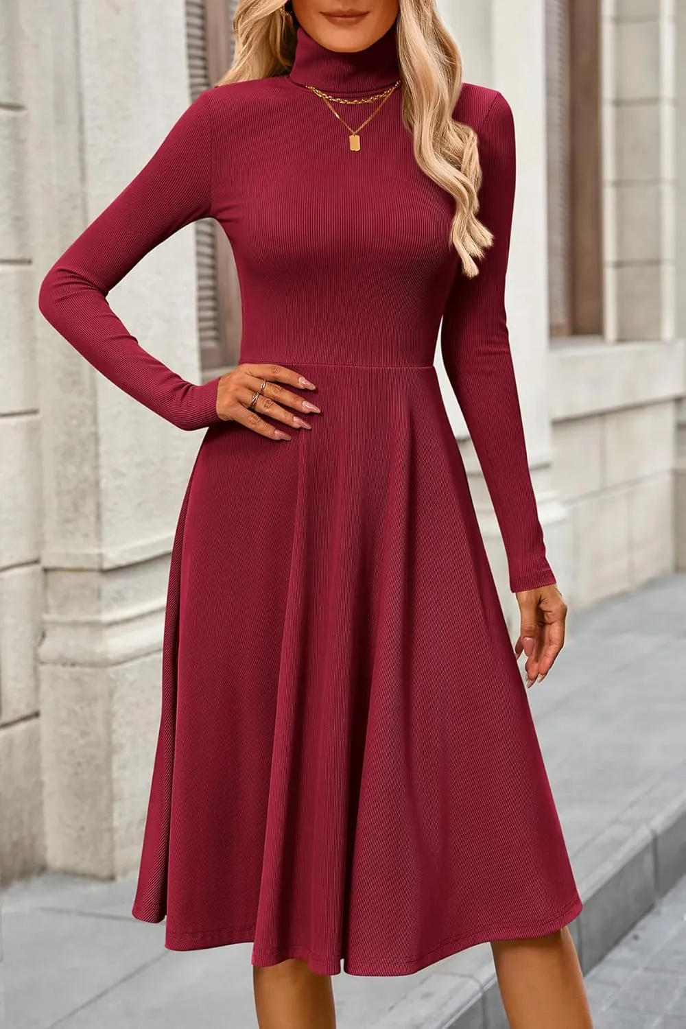 CFLONGE Women's Casual Ribbed Knit High Neck Dress Long Sleeve Fall Dress for Women 2025 Lightweight A Line Flare Dresses