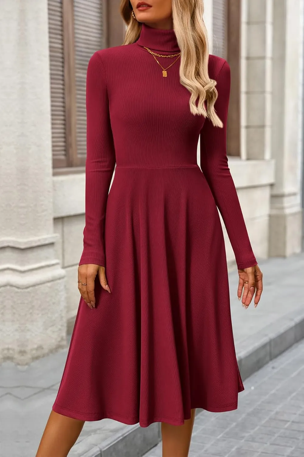 CFLONGE Women's Casual Ribbed Knit High Neck Dress Long Sleeve Fall Dress for Women 2025 Lightweight A Line Flare Dresses