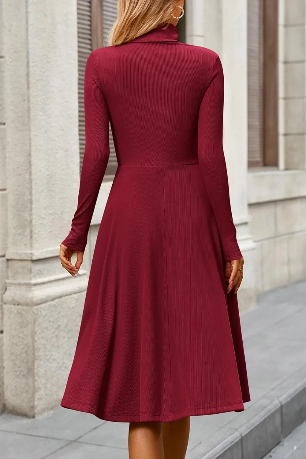 CFLONGE Women's Casual Ribbed Knit High Neck Dress Long Sleeve Fall Dress for Women 2025 Lightweight A Line Flare Dresses
