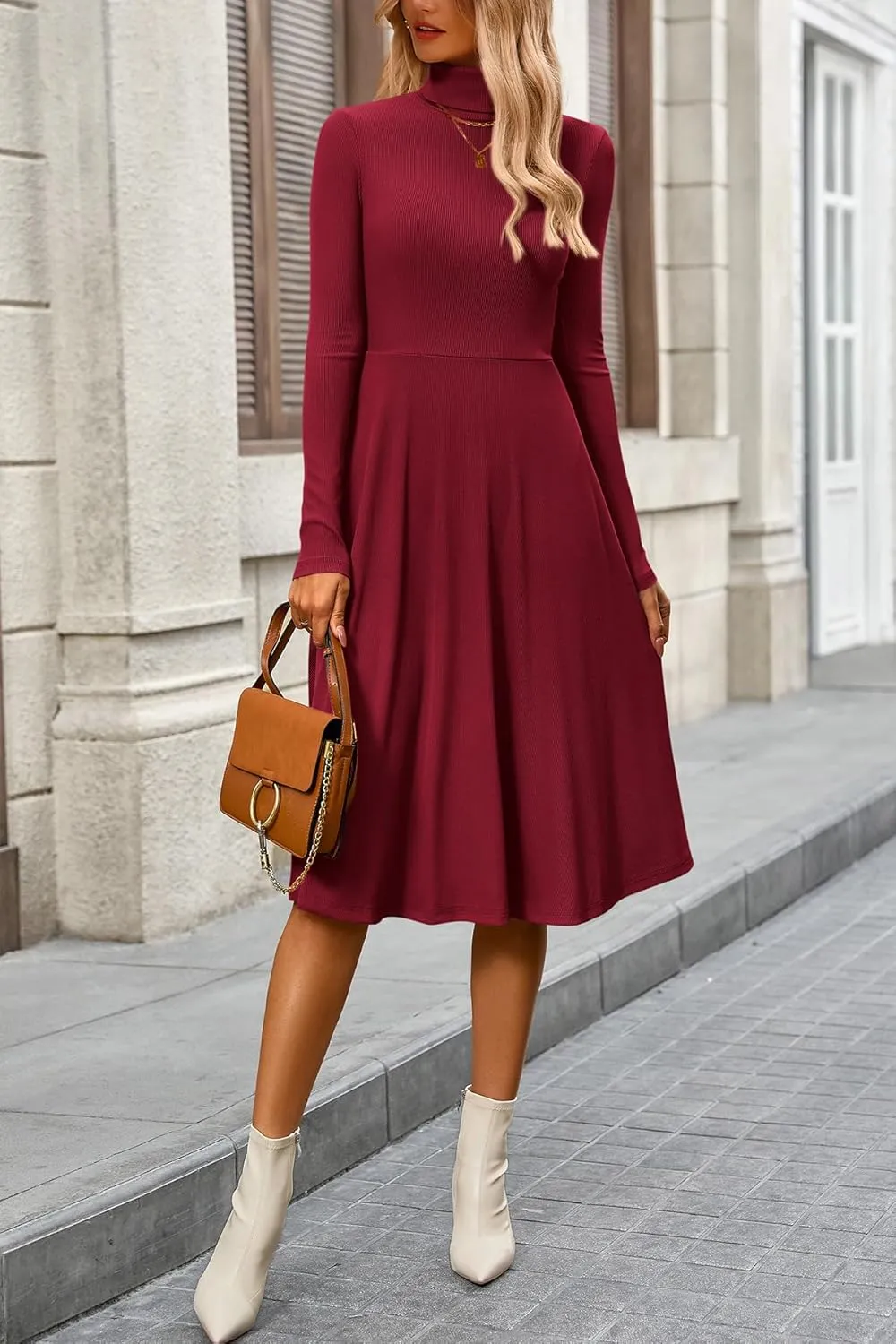 CFLONGE Women's Casual Ribbed Knit High Neck Dress Long Sleeve Fall Dress for Women 2025 Lightweight A Line Flare Dresses