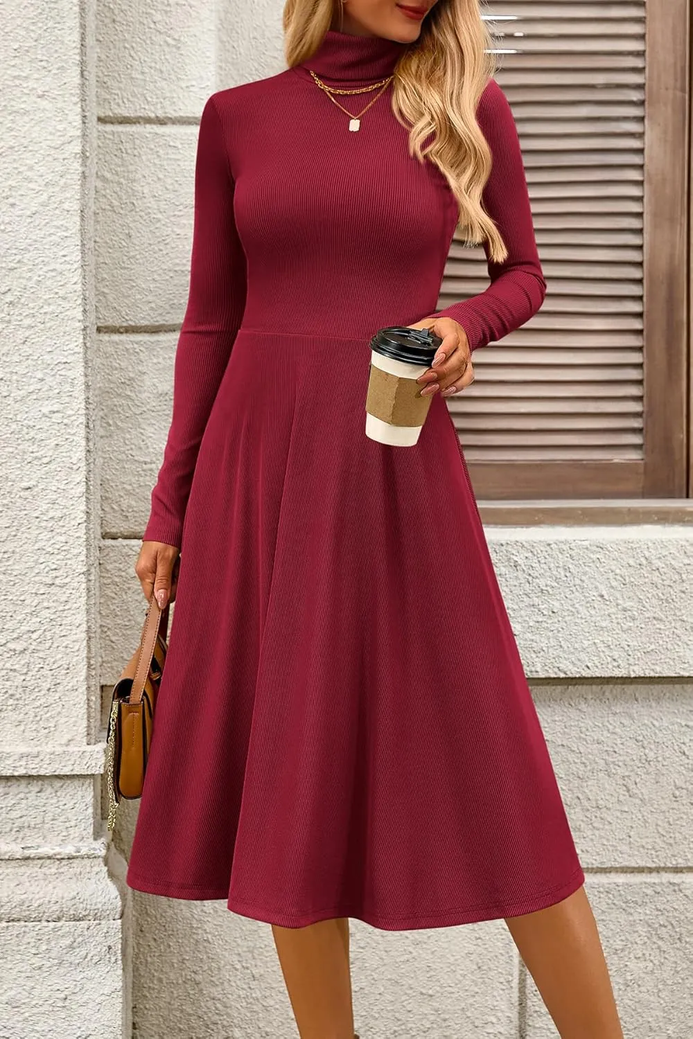 CFLONGE Women's Casual Ribbed Knit High Neck Dress Long Sleeve Fall Dress for Women 2025 Lightweight A Line Flare Dresses