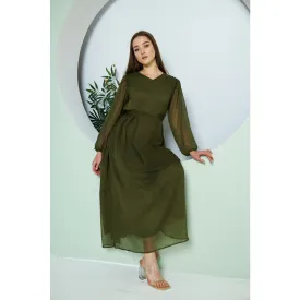 Chiffon Green V Neck Belted Dress