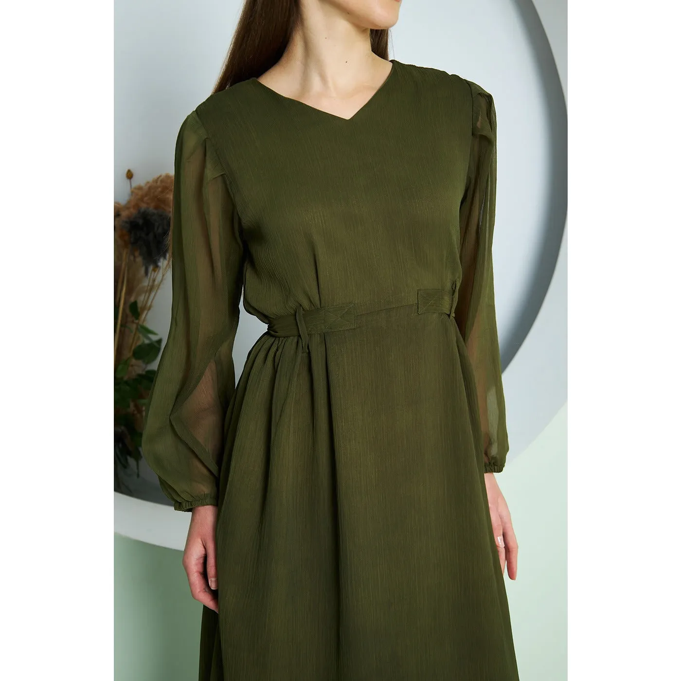 Chiffon Green V Neck Belted Dress