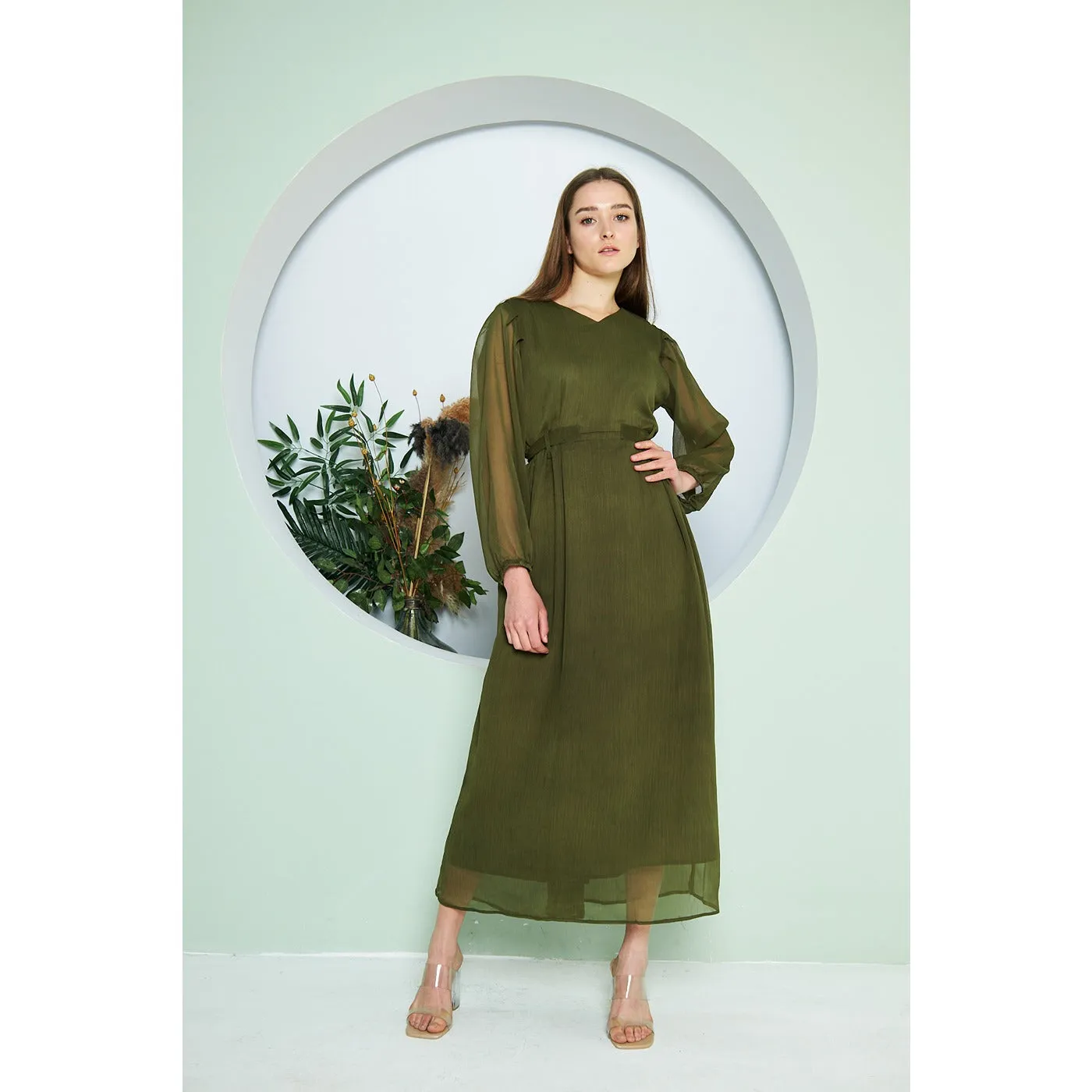 Chiffon Green V Neck Belted Dress