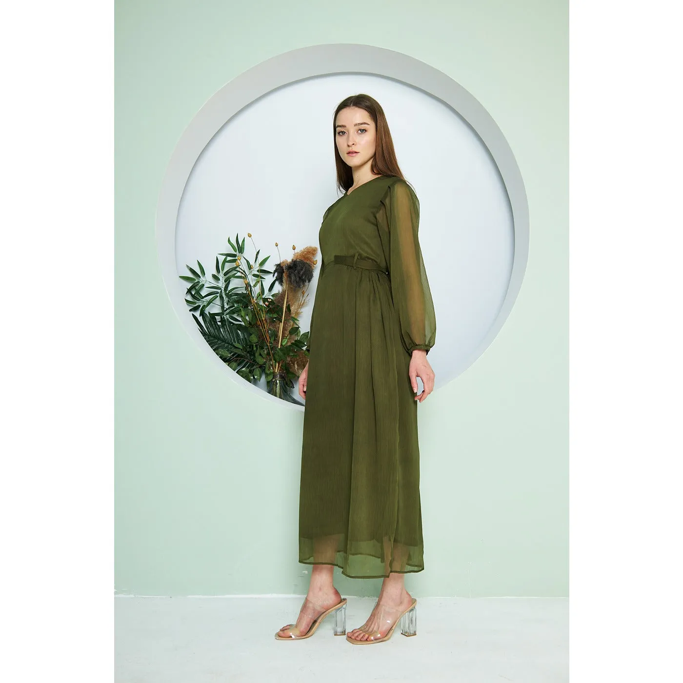 Chiffon Green V Neck Belted Dress