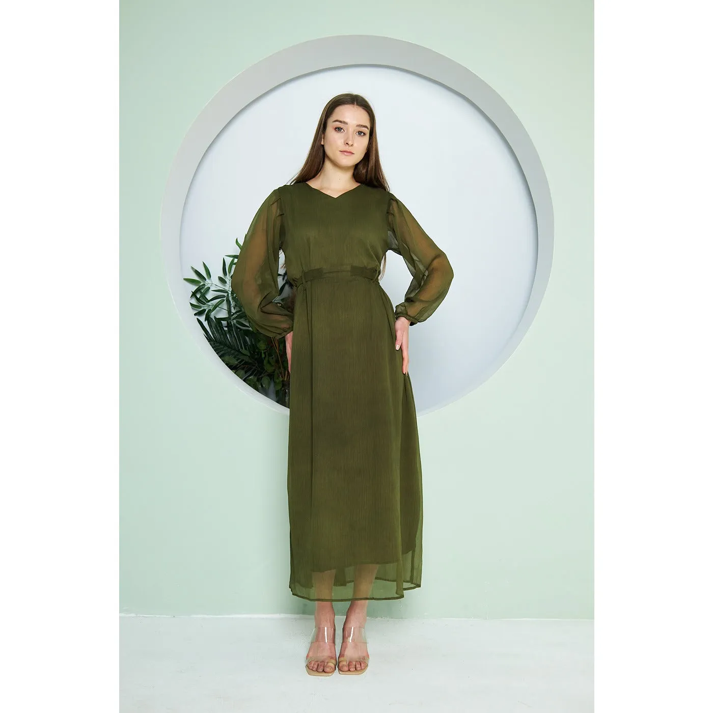 Chiffon Green V Neck Belted Dress