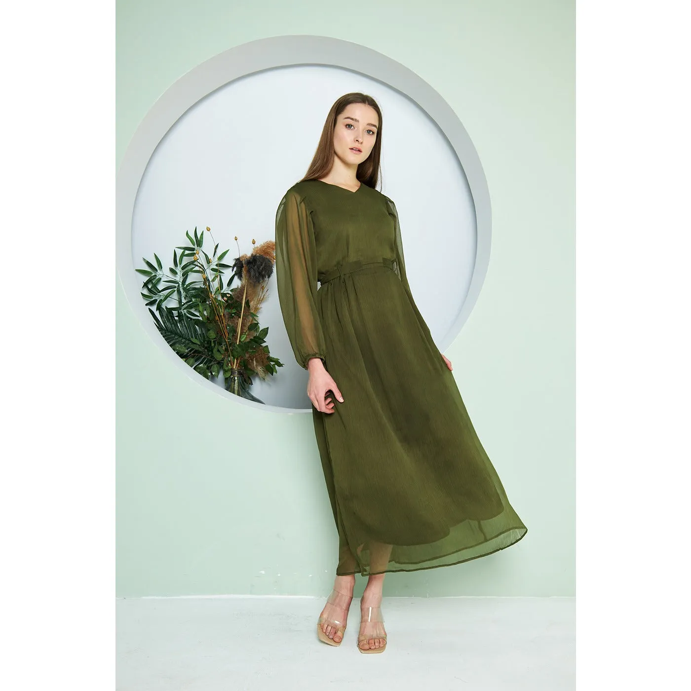 Chiffon Green V Neck Belted Dress