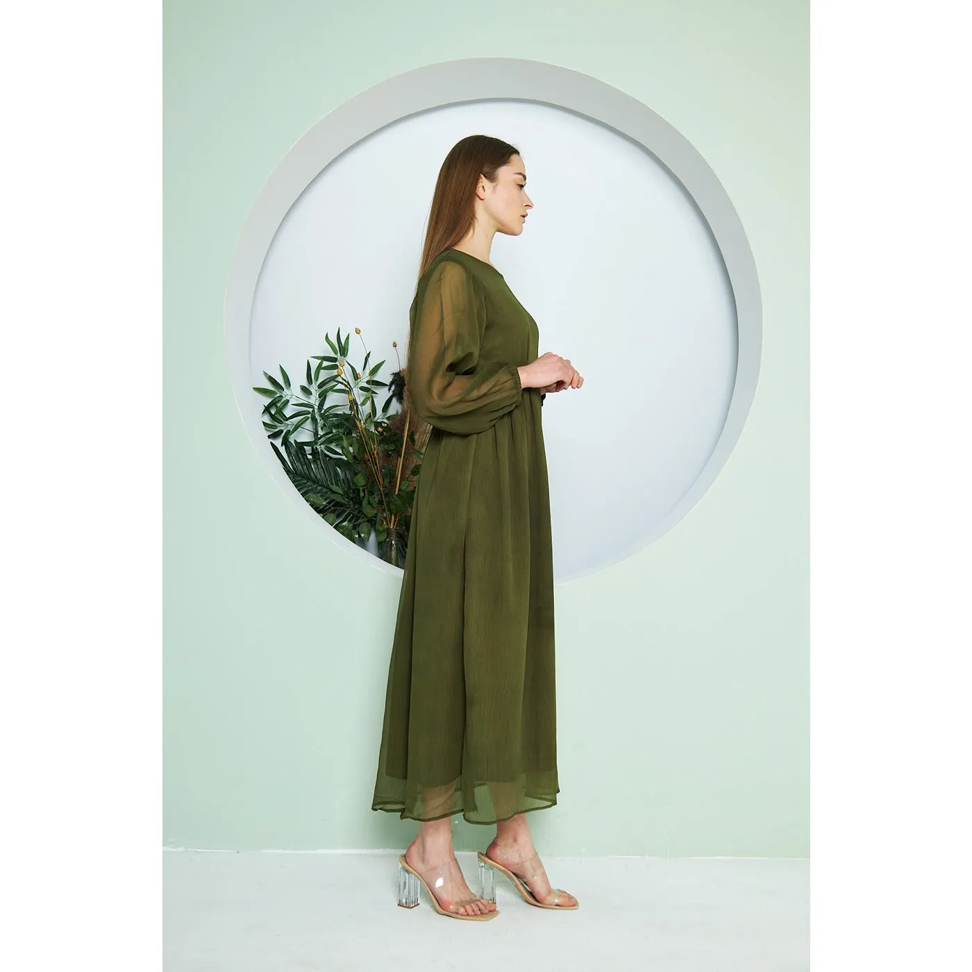 Chiffon Green V Neck Belted Dress