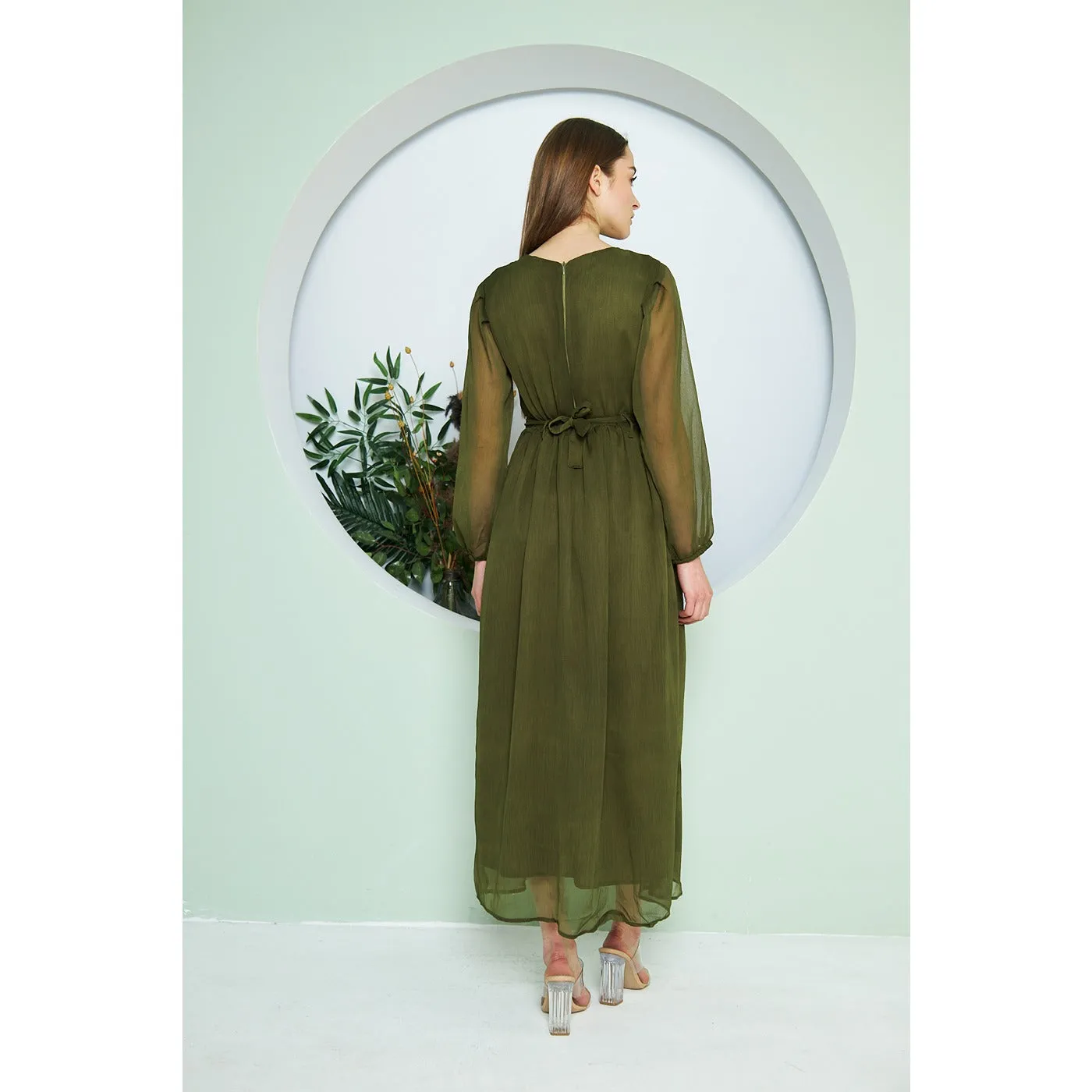 Chiffon Green V Neck Belted Dress