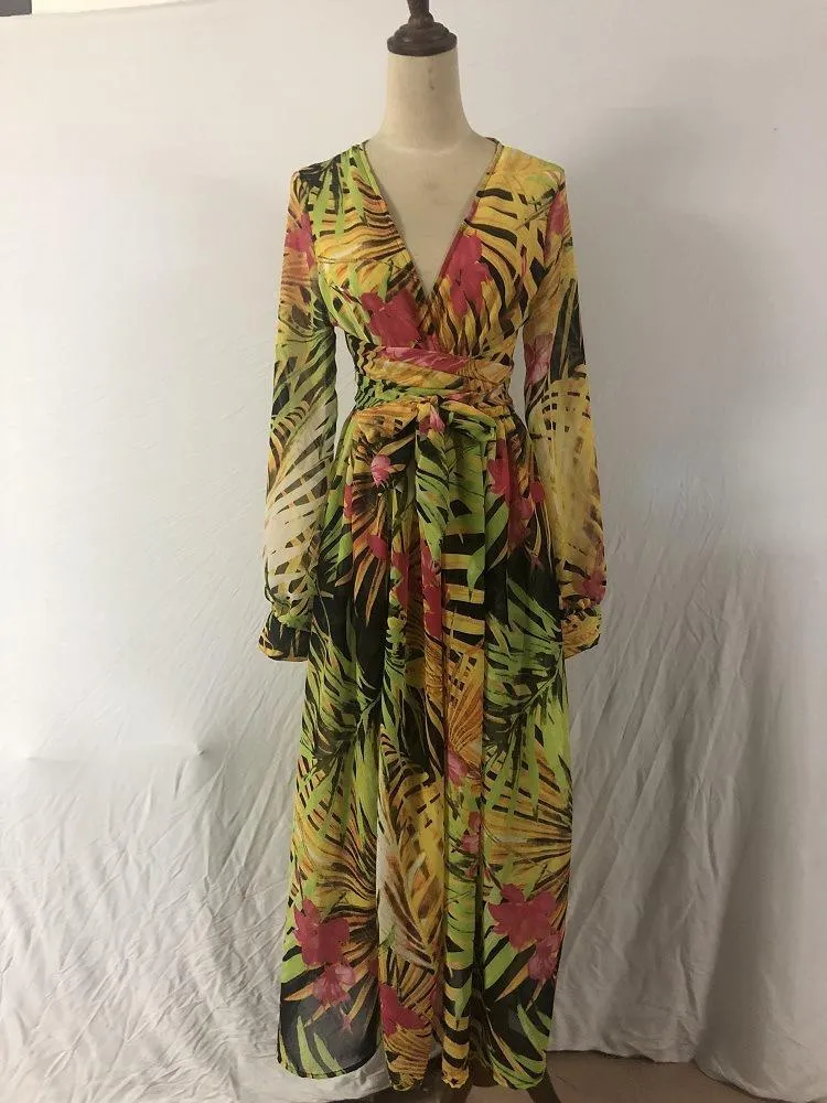 Chiffon Long Sleeves Dress Robe V Neck Floral Bohemian Boho Dress Long Dress Big Hem Maxi Dress