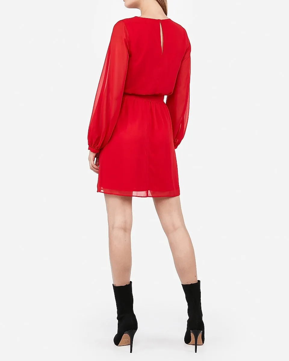 Chiffon Sleeve Sash Tie Fit And Flare Dress in Racing Red