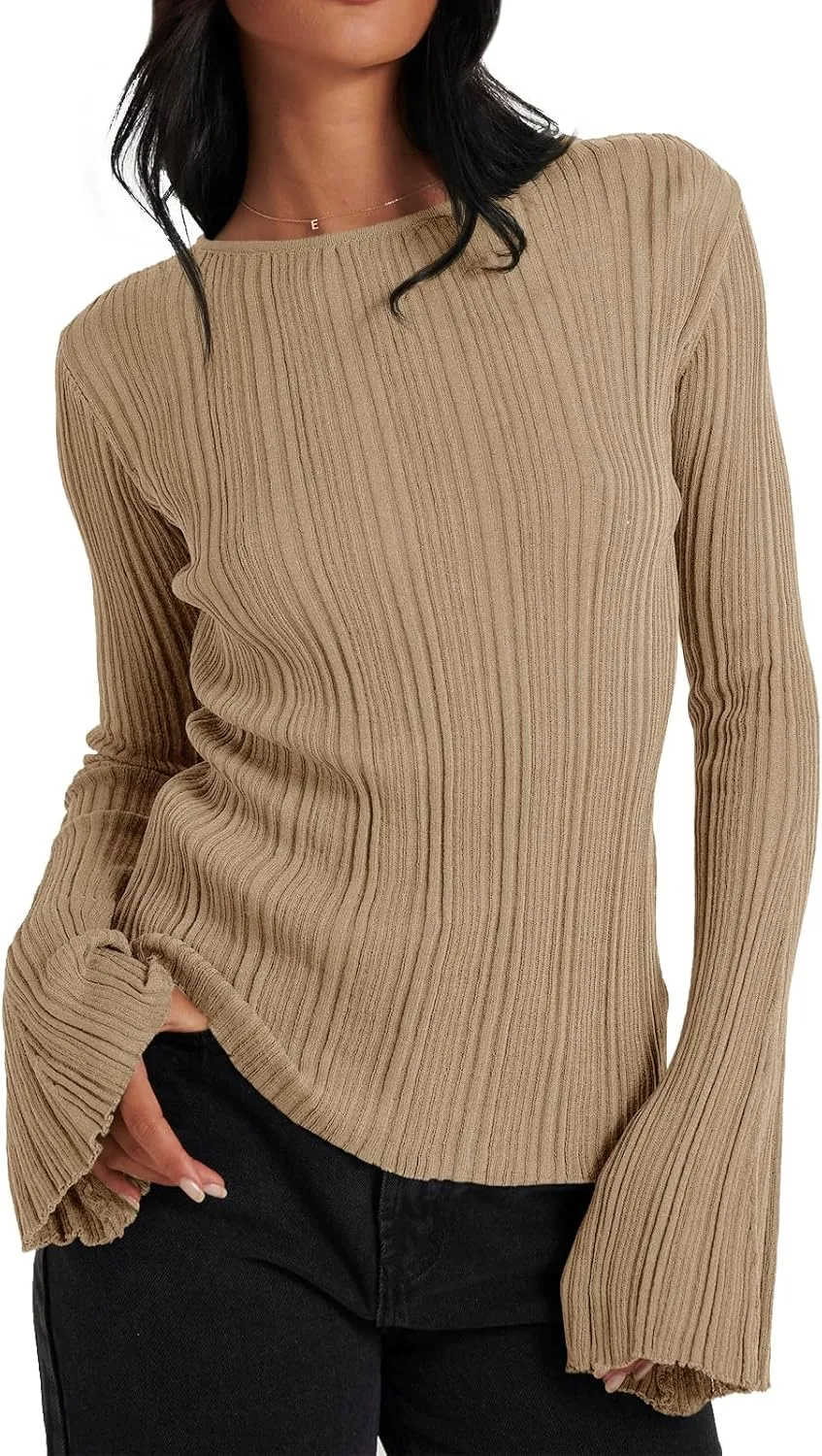 Cicy Bell Womens Bell Long Sleeve Tops Going Out Knitted Fall Pullover Lightweight Sweater Shirts
