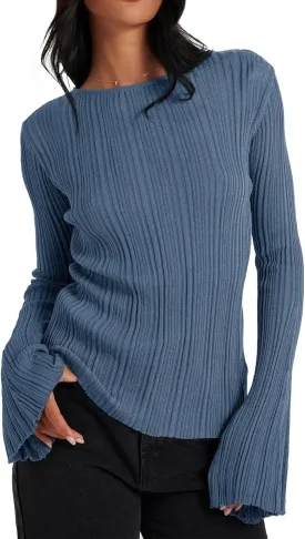 Cicy Bell Womens Bell Long Sleeve Tops Going Out Knitted Fall Pullover Lightweight Sweater Shirts