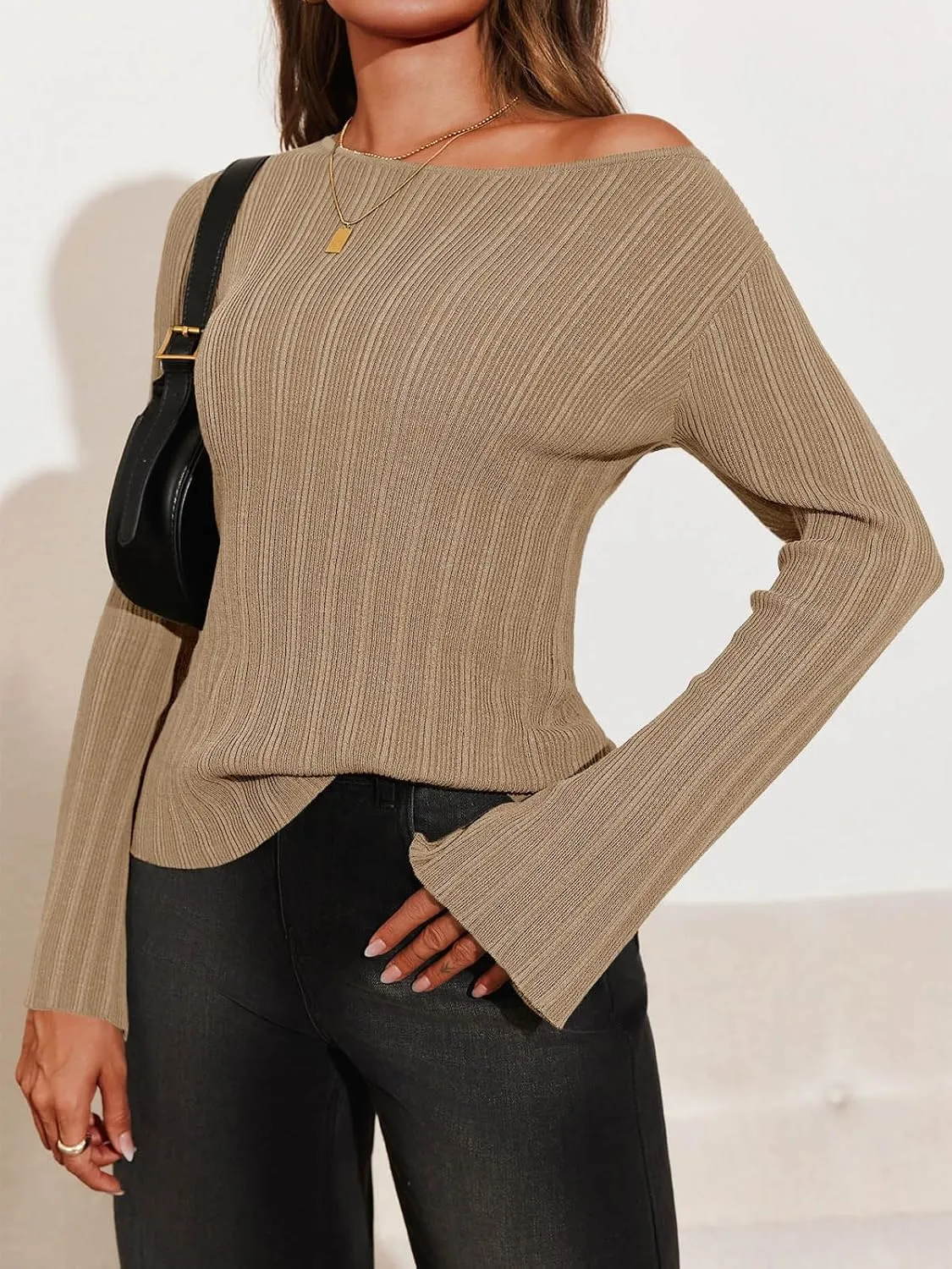 Cicy Bell Womens Bell Long Sleeve Tops Going Out Knitted Fall Pullover Lightweight Sweater Shirts