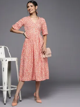Coral Orange & White Floral Print A-Line Midi Dress