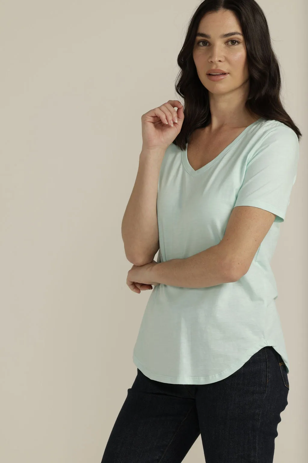 Cotton V Neck Tee Aqua