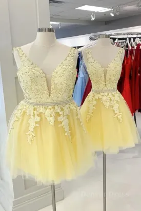 Cute V Neck Yellow Lace Short Prom Dress with Belt Yellow Lace Homecoming Dress Short Yellow Formal Evening Dress