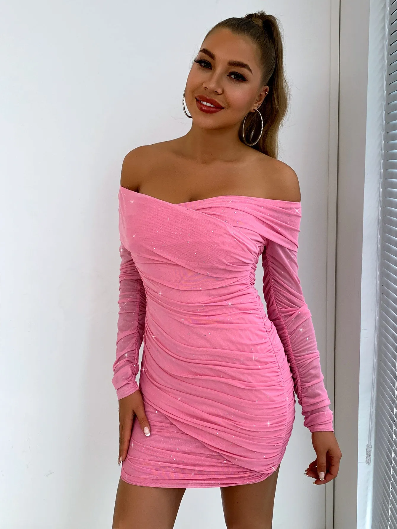 Daniella Glitter Off The Shoulder Ruched Bodycon Dress