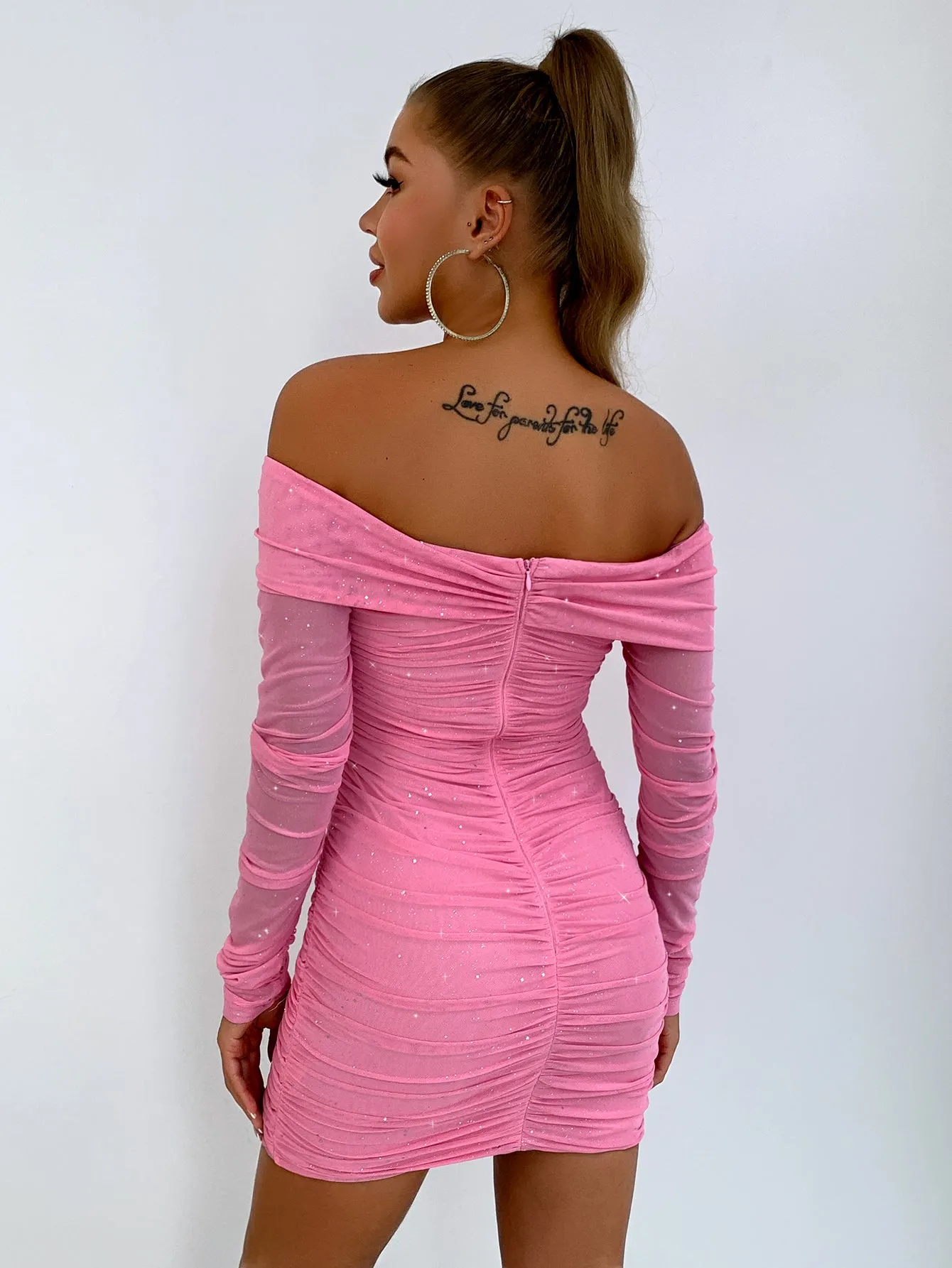 Daniella Glitter Off The Shoulder Ruched Bodycon Dress