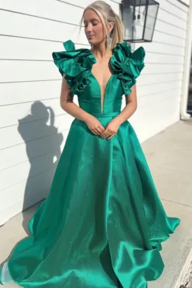 Deep V Neck Green Satin Long Prom Dress, V Neck Green Formal Dress, Green Evening Dress A2045