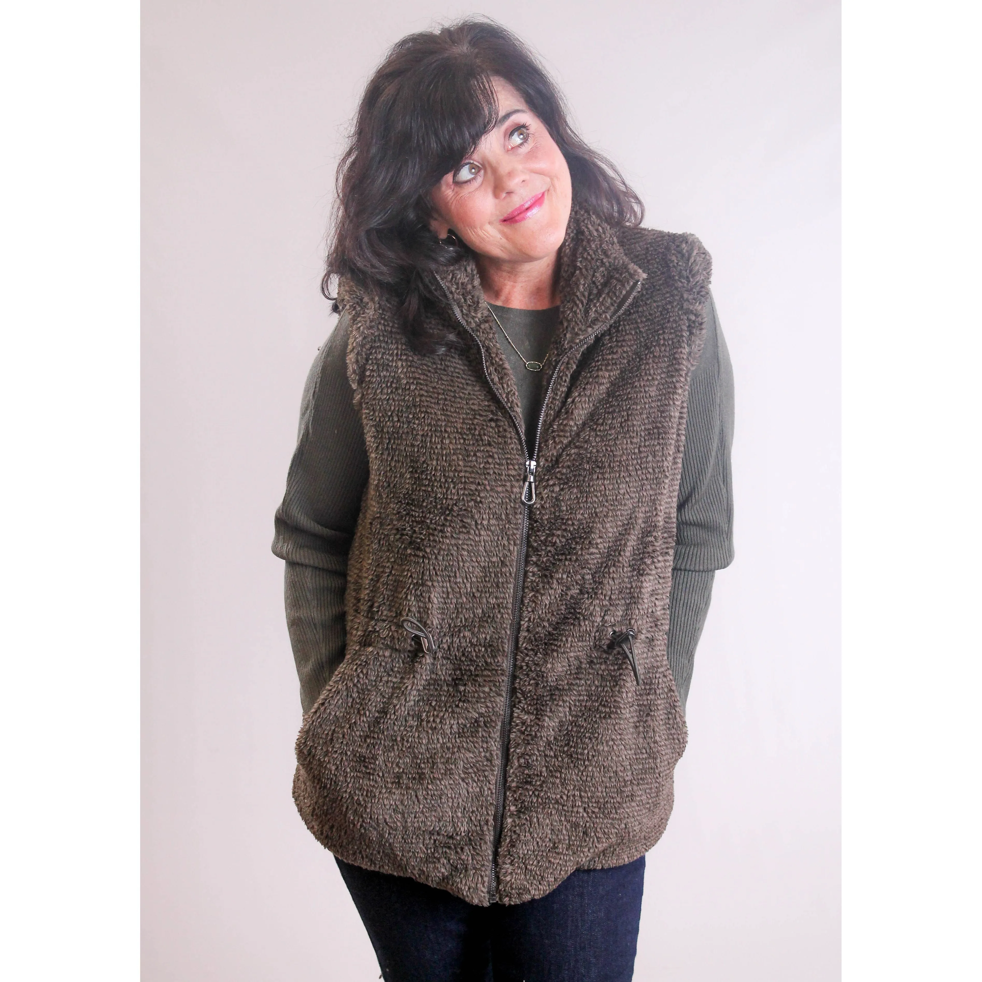 Democracy Cap Sleeve Faux Fur Vest with Zipper