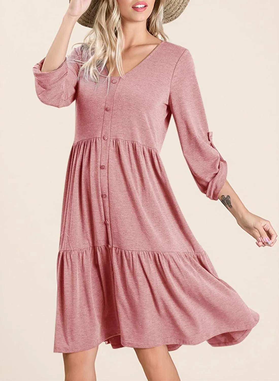Dokotoo Dresses for Women 2025 Long Sleeve V Neck Knitted Button Down Elastic Waist Ruffle Tiered Mini Dress with Pockets