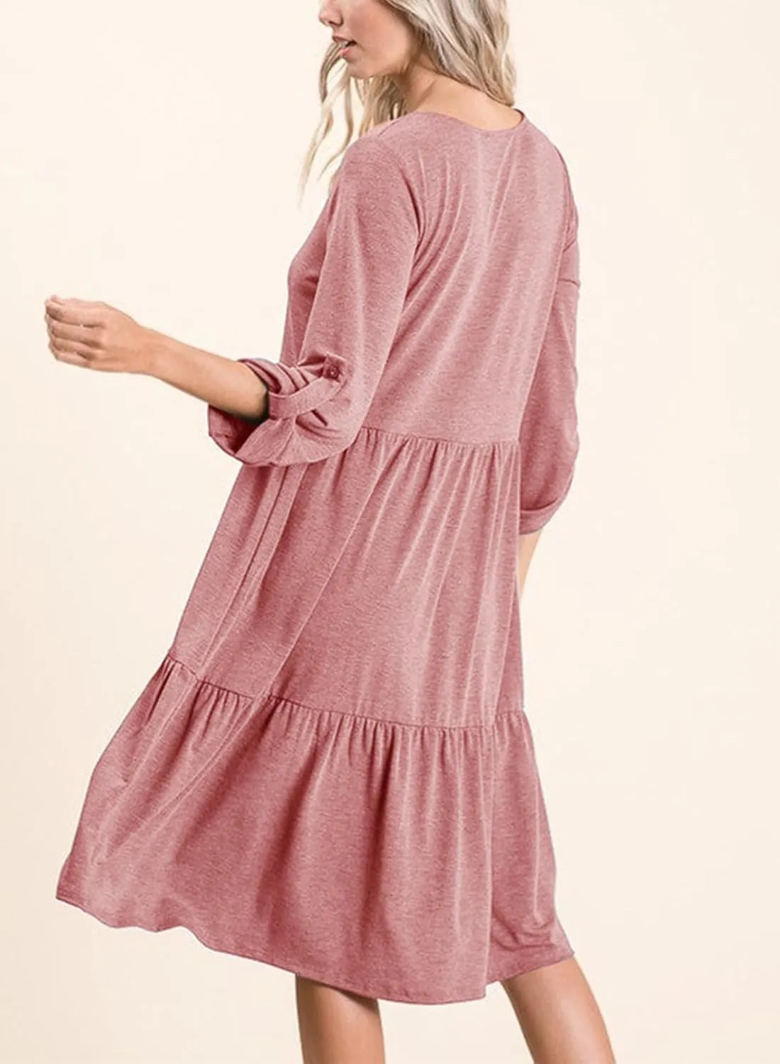 Dokotoo Dresses for Women 2025 Long Sleeve V Neck Knitted Button Down Elastic Waist Ruffle Tiered Mini Dress with Pockets