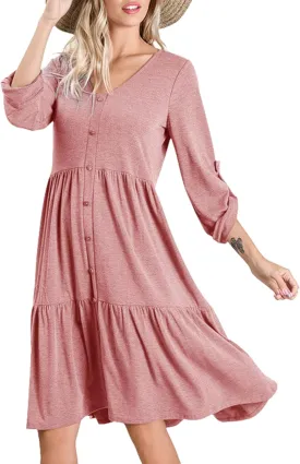 Dokotoo Dresses for Women 2025 Long Sleeve V Neck Knitted Button Down Elastic Waist Ruffle Tiered Mini Dress with Pockets
