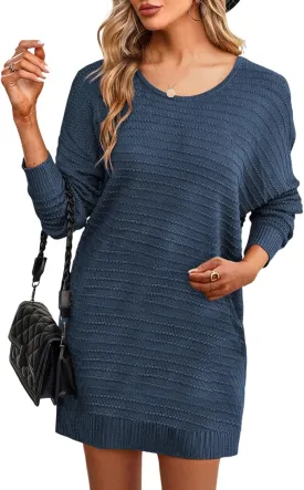Dokotoo Womens Sweater Dresses 2024 Trendy Casual Crew Neck Long Sleeve Textured Pullover Knit Dress