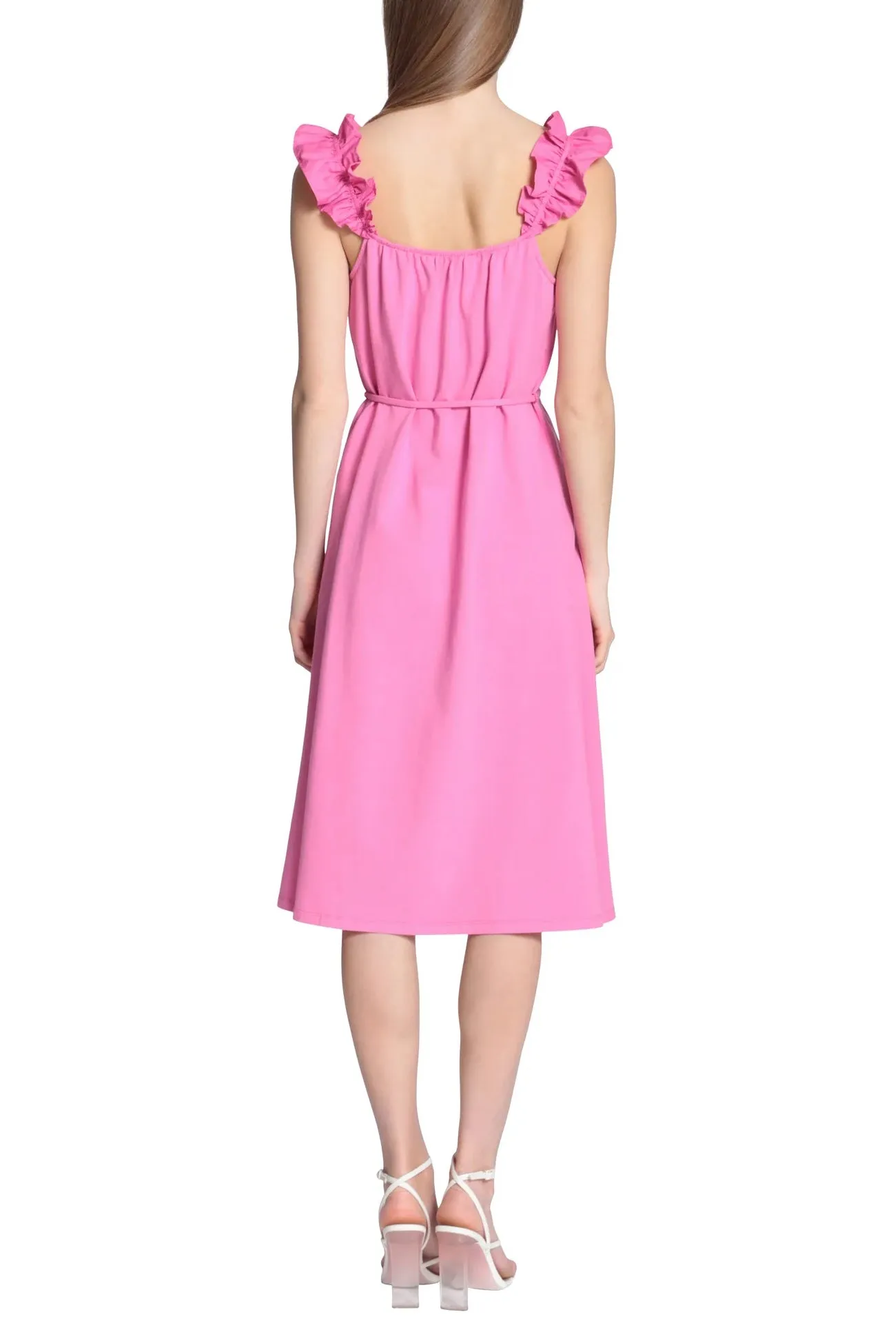 Donna Morgan Square Neck Sleeveless Back Zipper Self Waist Detail Tie Midi Cotton Dress