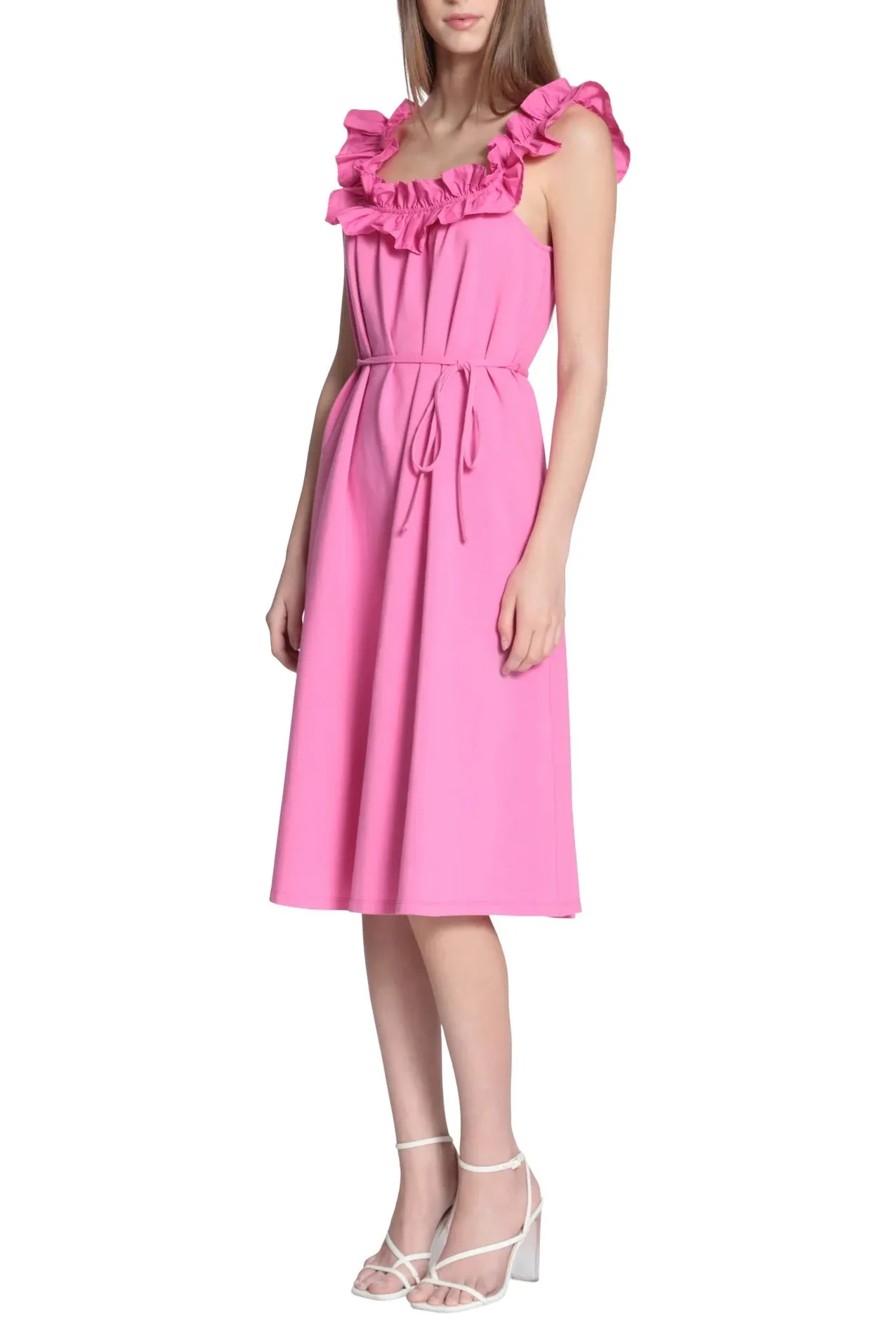 Donna Morgan Square Neck Sleeveless Back Zipper Self Waist Detail Tie Midi Cotton Dress