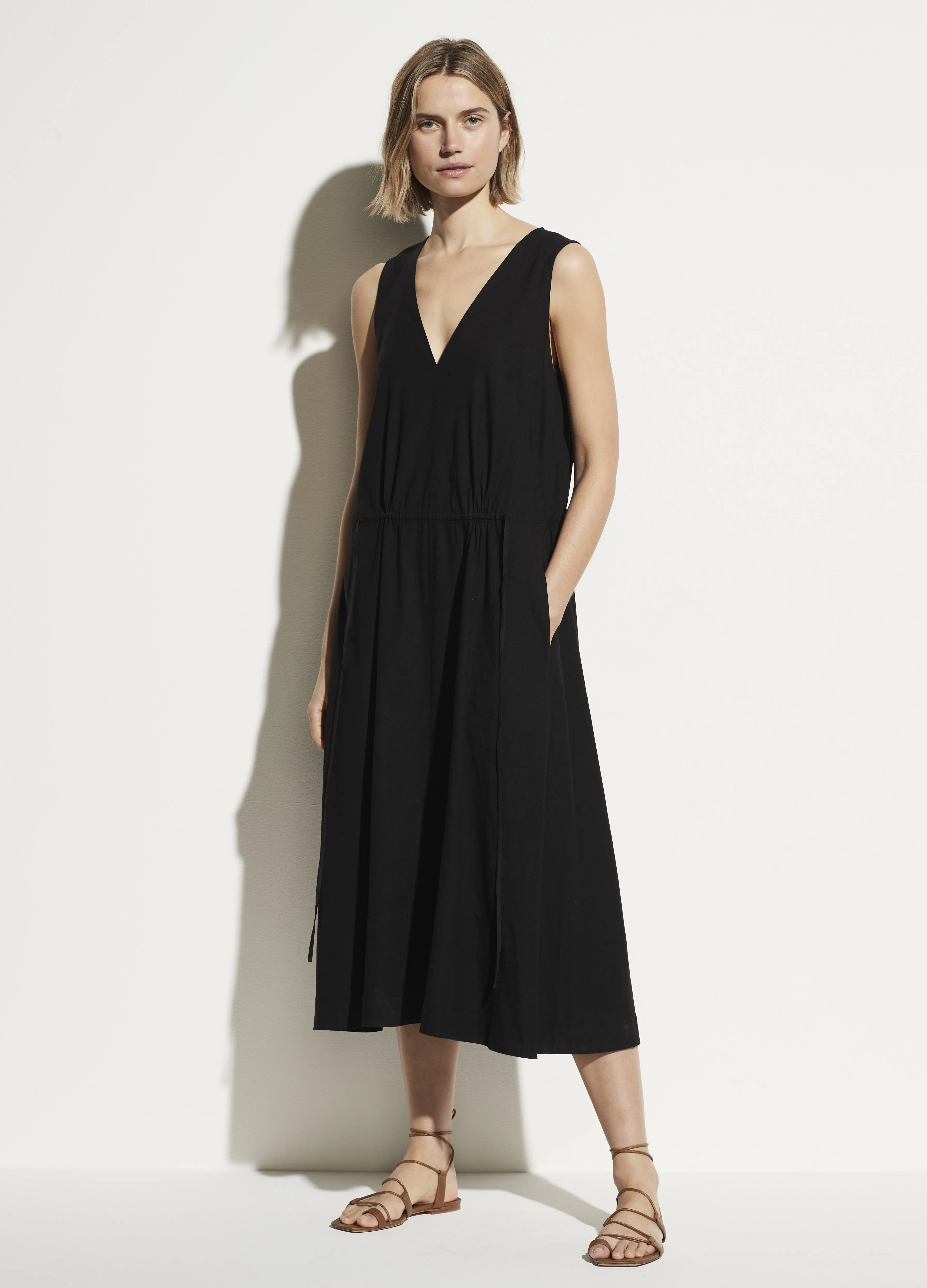 Drawstring V-Neck Dress in Black