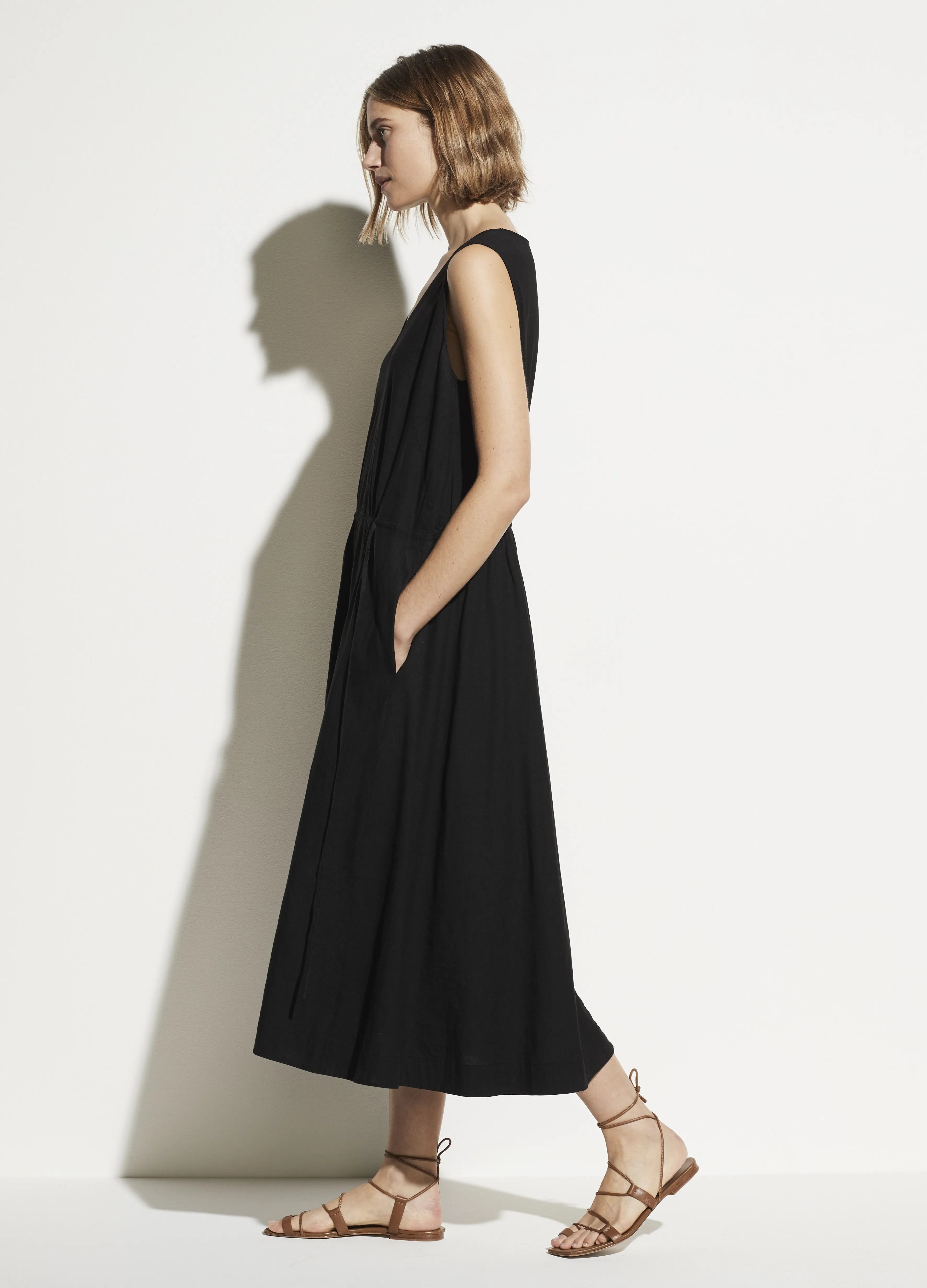 Drawstring V-Neck Dress in Black
