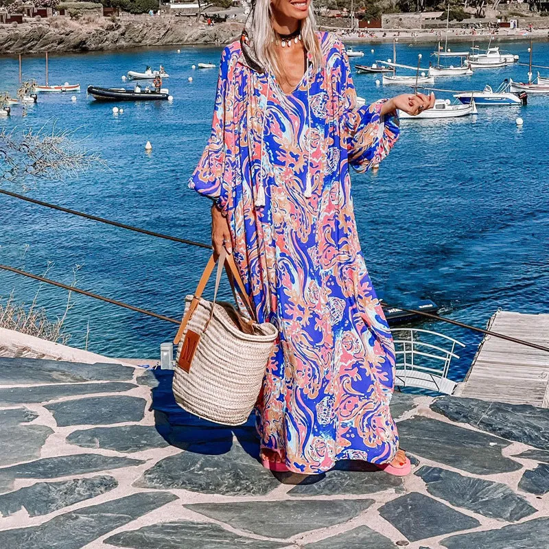 Dress women's autumn long sleeve resort print long dress casual fashion