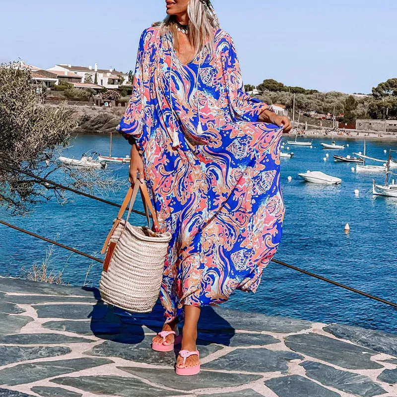 Dress women's autumn long sleeve resort print long dress casual fashion