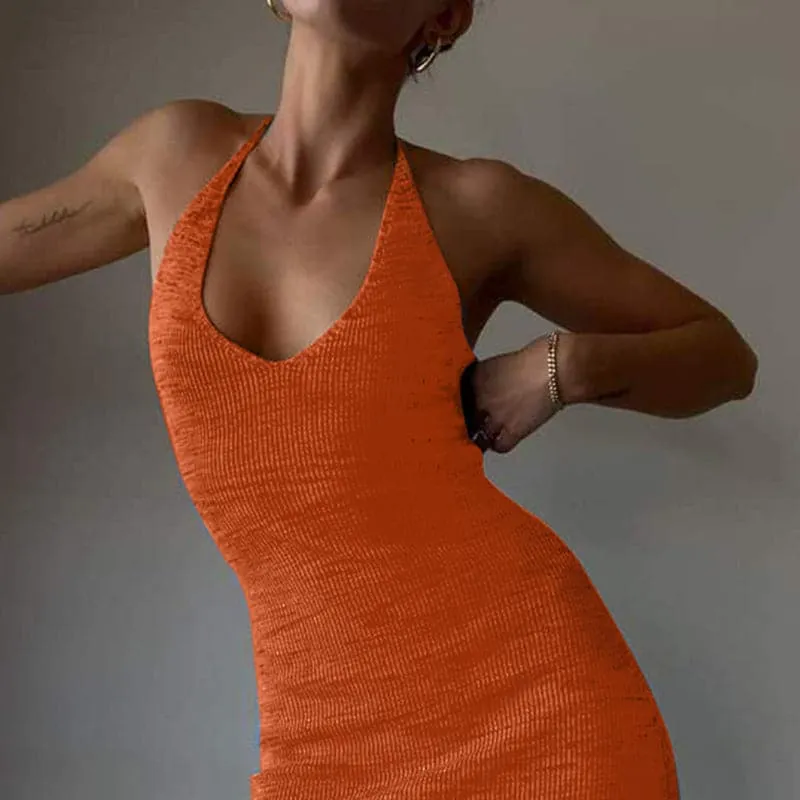 DressBetty - Halter V-Neck Knitted Women's Midi Dress