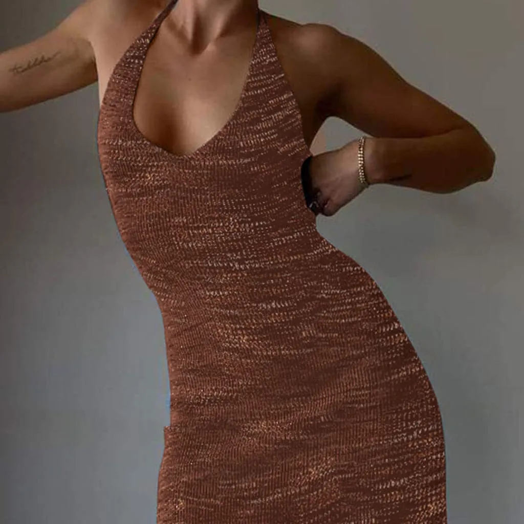 DressBetty - Halter V-Neck Knitted Women's Midi Dress