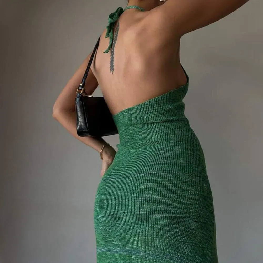 DressBetty - Halter V-Neck Knitted Women's Midi Dress