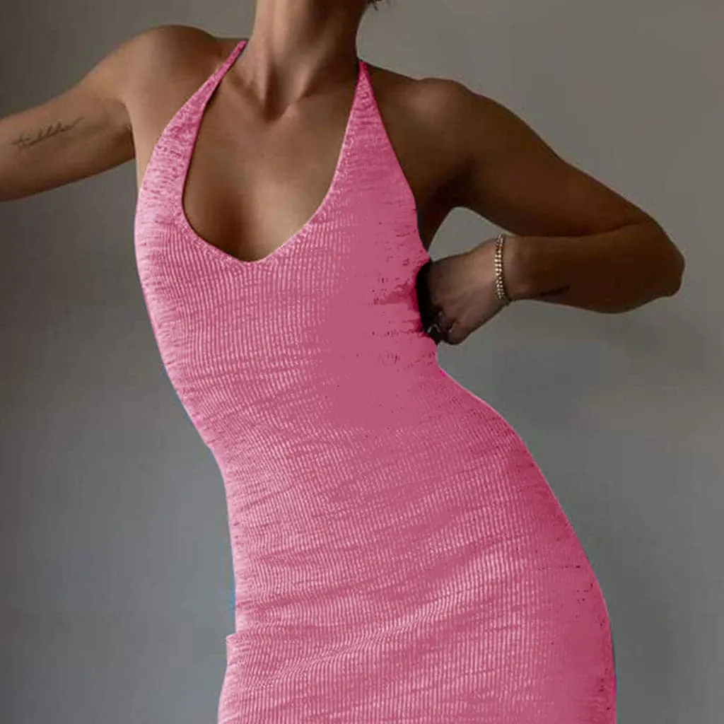 DressBetty - Halter V-Neck Knitted Women's Midi Dress