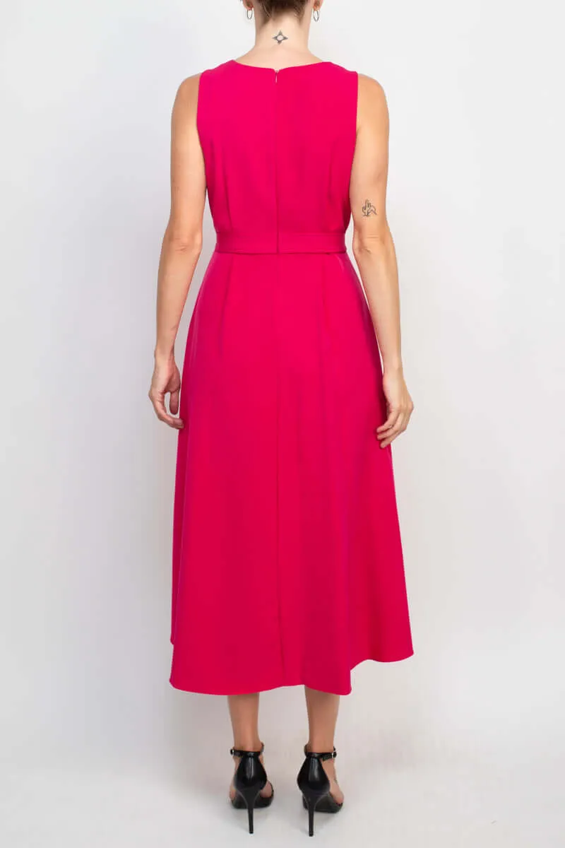 Emma & Michele V-Neck Sleeveless Tie Waist Hi-Low Hem Zipper Back Solid Maxi Scuba Dress