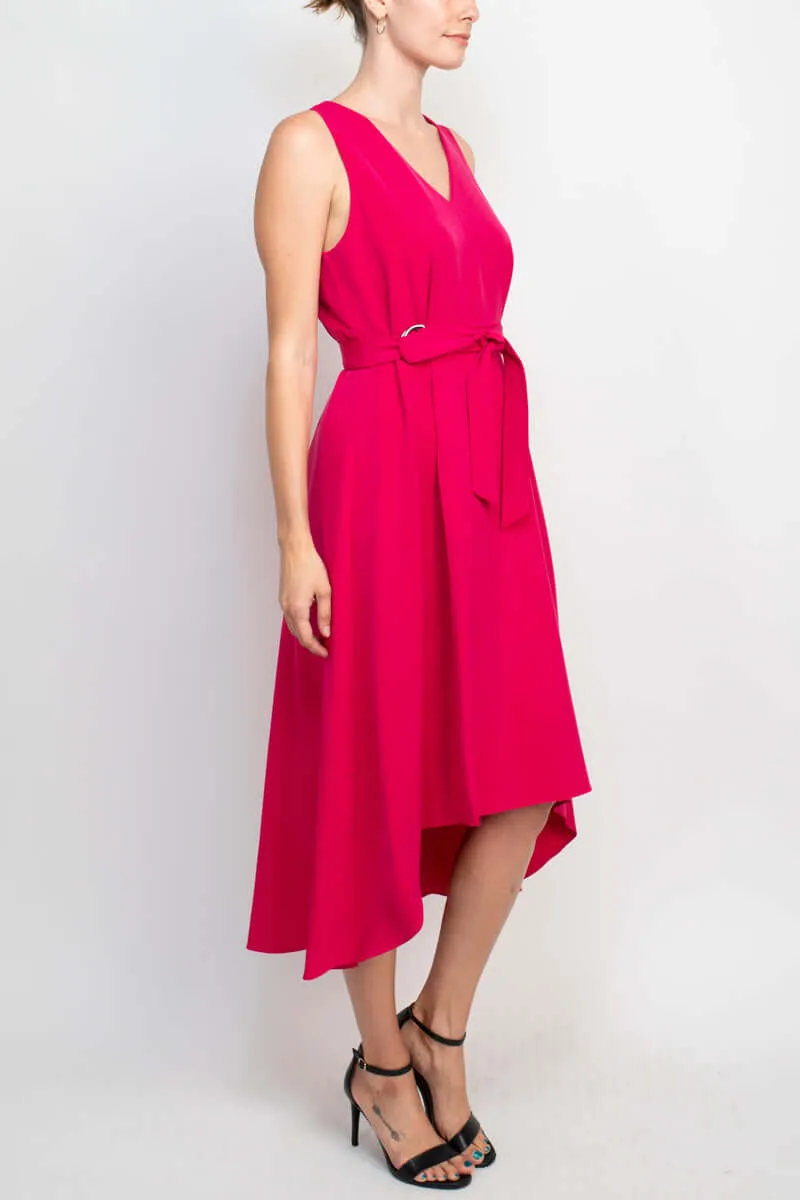 Emma & Michele V-Neck Sleeveless Tie Waist Hi-Low Hem Zipper Back Solid Maxi Scuba Dress