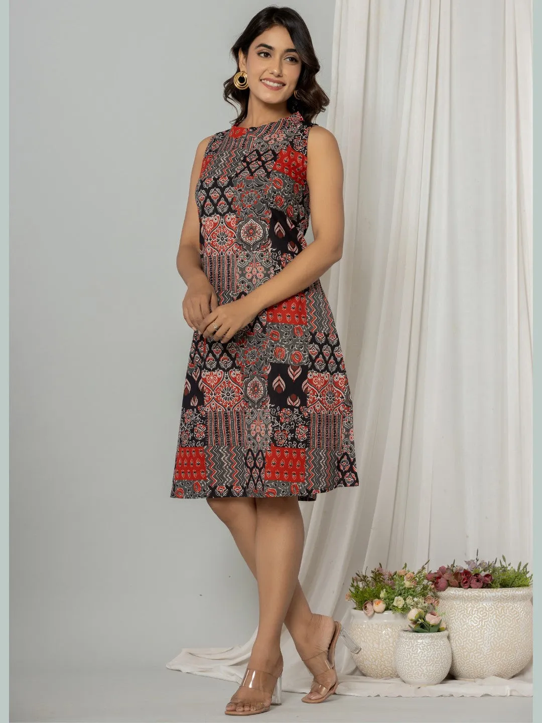 Ethnic Patch Print Halter Neck A-line Dress