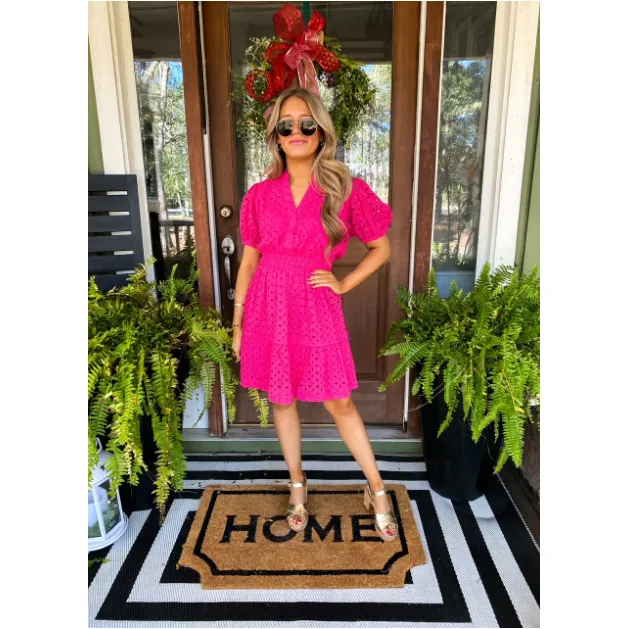 Eyelet Magenta Puff Sleeve Smocked Waist Dress