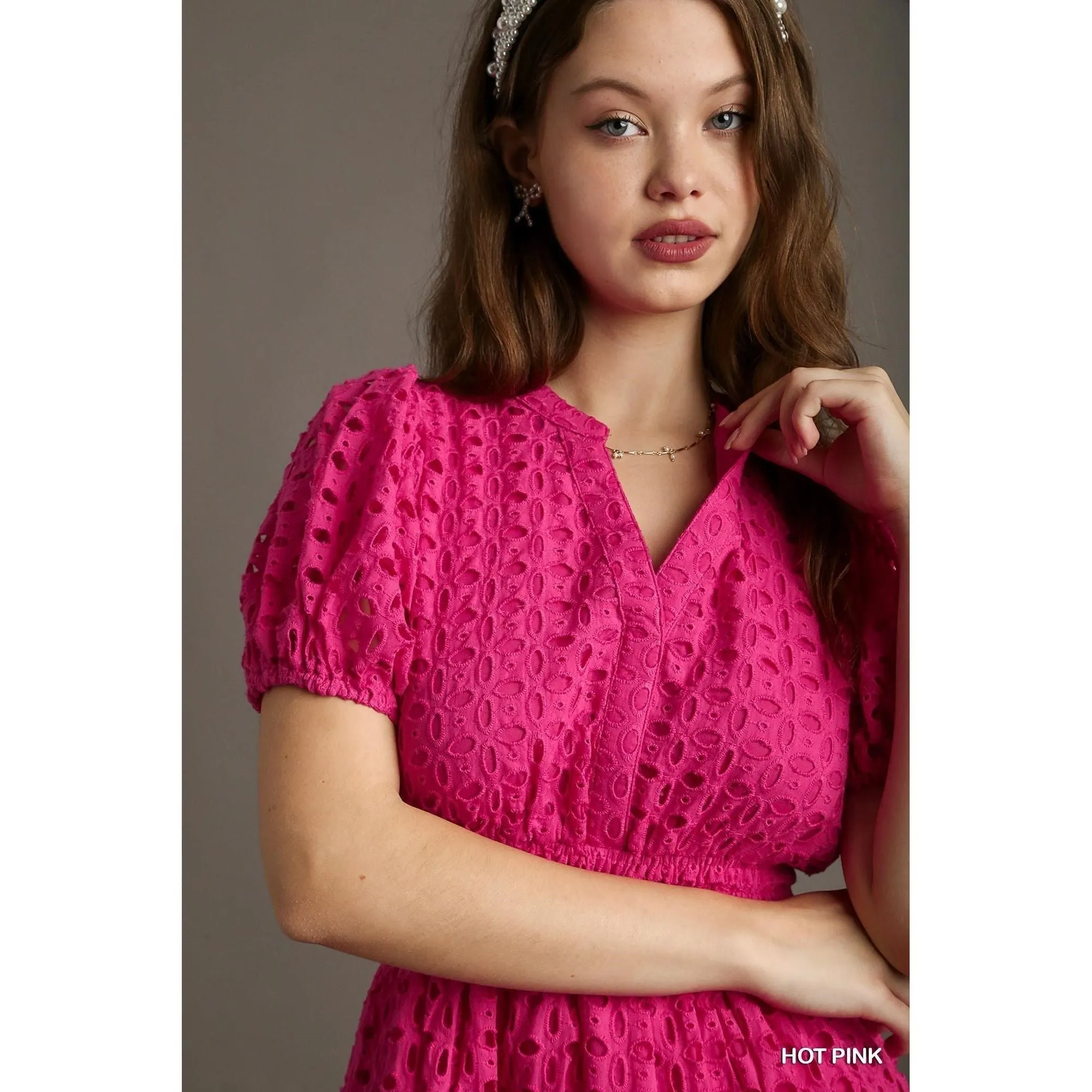 Eyelet Magenta Puff Sleeve Smocked Waist Dress