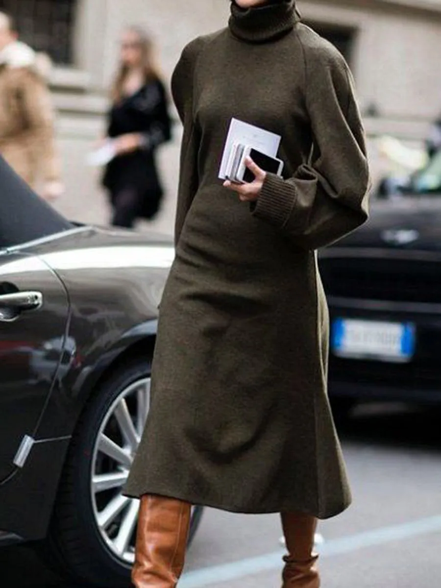 Fashion High Neck Puff Sleeve Casual Knitted Dress