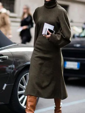 Fashion High Neck Puff Sleeve Casual Knitted Dress